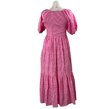 Zara Pink Embroidered Eyelet Floral Balloon Sleeve Tiered A Line Maxi Dress XS