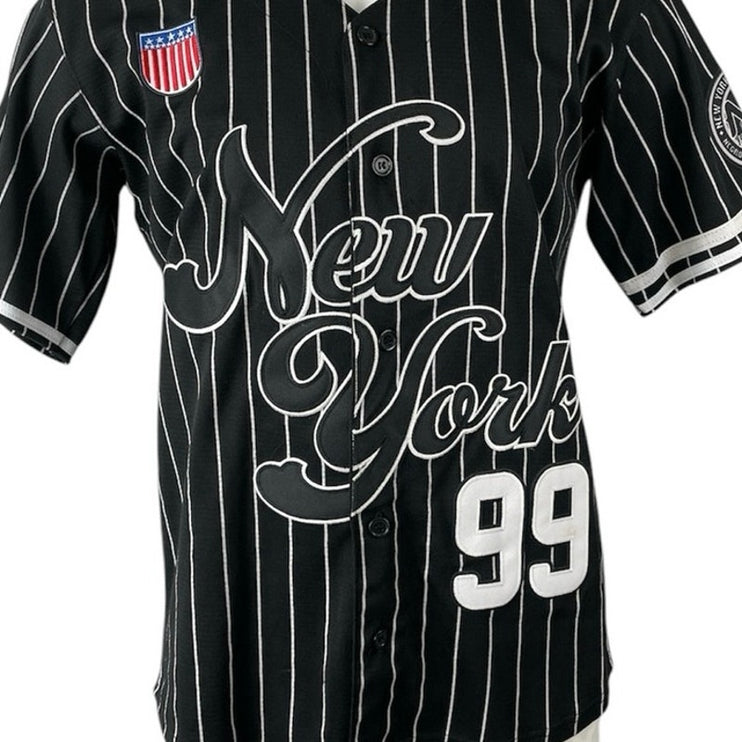 Men's Black White Striped New York 99 Short Sleeve Button Down Jersey Top Size S