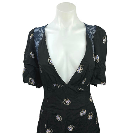 Free People Mockingbird Black Floral Deep V-Neck Open-Back Lace Mini Dress Sz 2