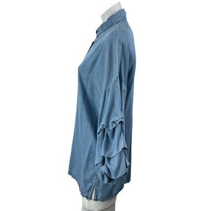 Zara Women's Blue Long Sleeve Ruched Denim Jean Button Down Shirt Top Size M
