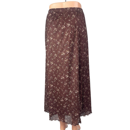 Women's Brown Floral Mesh Sheer Lettuce Hem High Rise Slim Maxi A-Line Skirt L