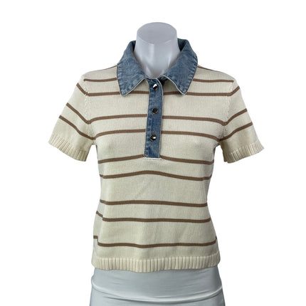 Olivaceous Gypsy and Gold Cream Striped Short Sleeve Collared Polo Shirt Top M