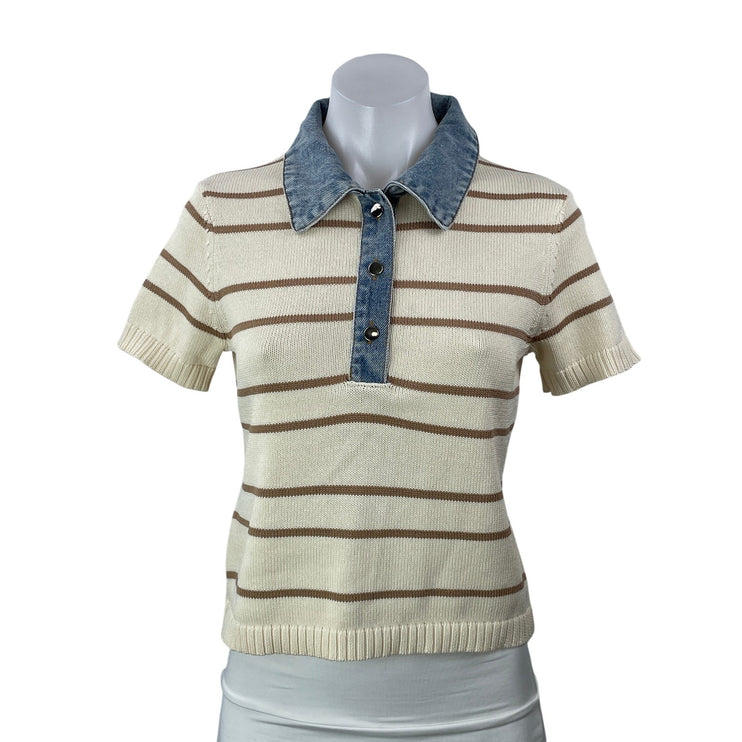 Olivaceous Gypsy and Gold Cream Striped Short Sleeve Collared Polo Shirt Top M