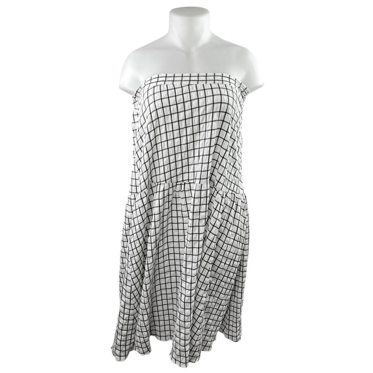 Monki White Grid Checkered Plaid Strapless Sleeveless Midi Tube Tank Dress Sz XL