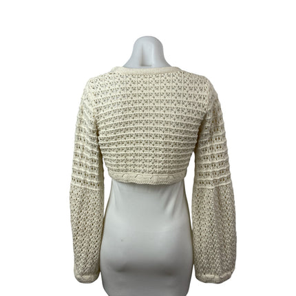 Commense Cream Beige Open Knit Crochet Long Sleeve Button Up Crop Top Size S
