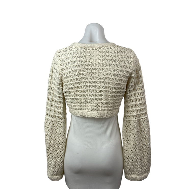 Commense Cream Beige Open Knit Crochet Long Sleeve Button Up Crop Top Size S
