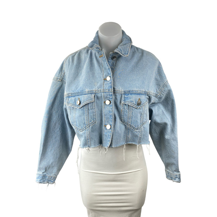 Zara Women's Blue Raw Frayed Hem Long Sleeve Collared Denim Jeans Coats Jacket S