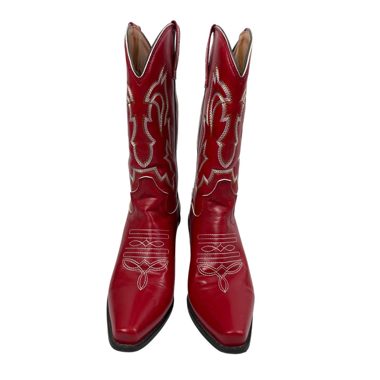 Womens Red Faux Leather Classic Embroidered Mid Calf Western Cowgirl Boots 6.5