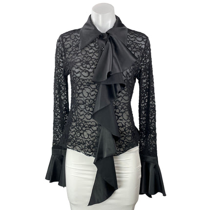 Sava Black Long Bell Sleeve Mesh Sheer Ruffle Floral Button Up Blouse Top Size M