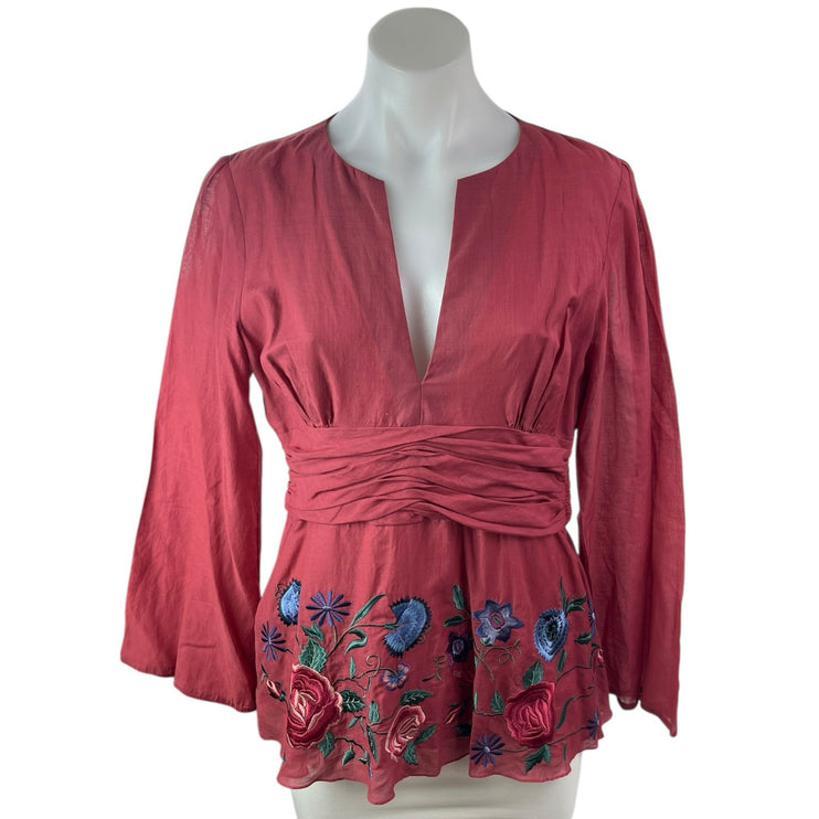 Tibi Women's Pink Silk Floral Embroidered Long Sleeve Peplum Blouse Top Size L