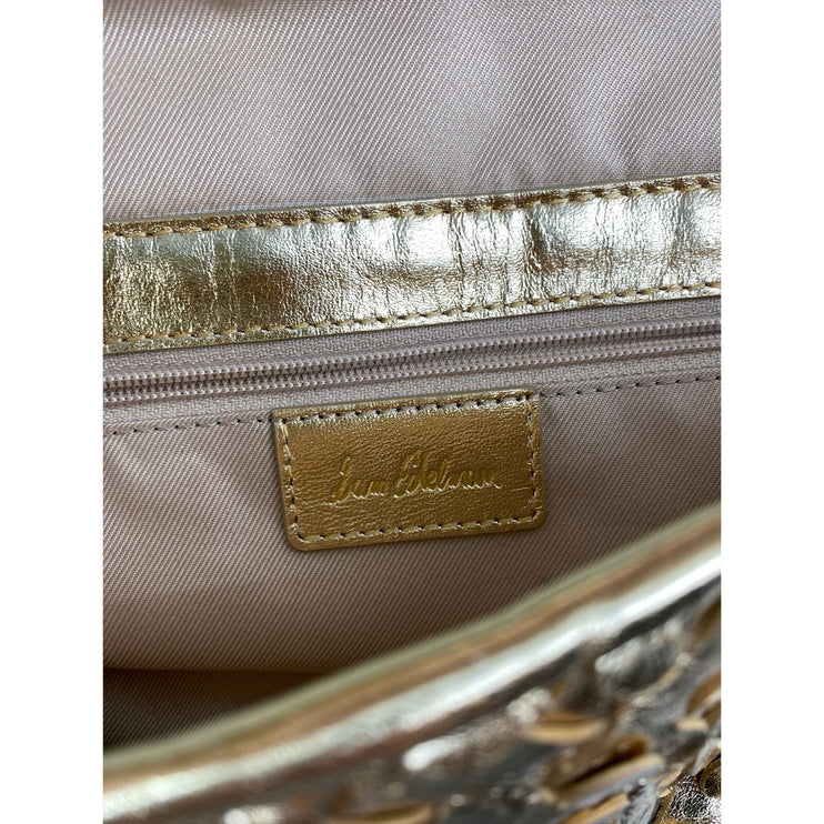 Sam Edelman Gold Bianka Woven Leather East/West Clutch Wristlet Purse Pouch OS