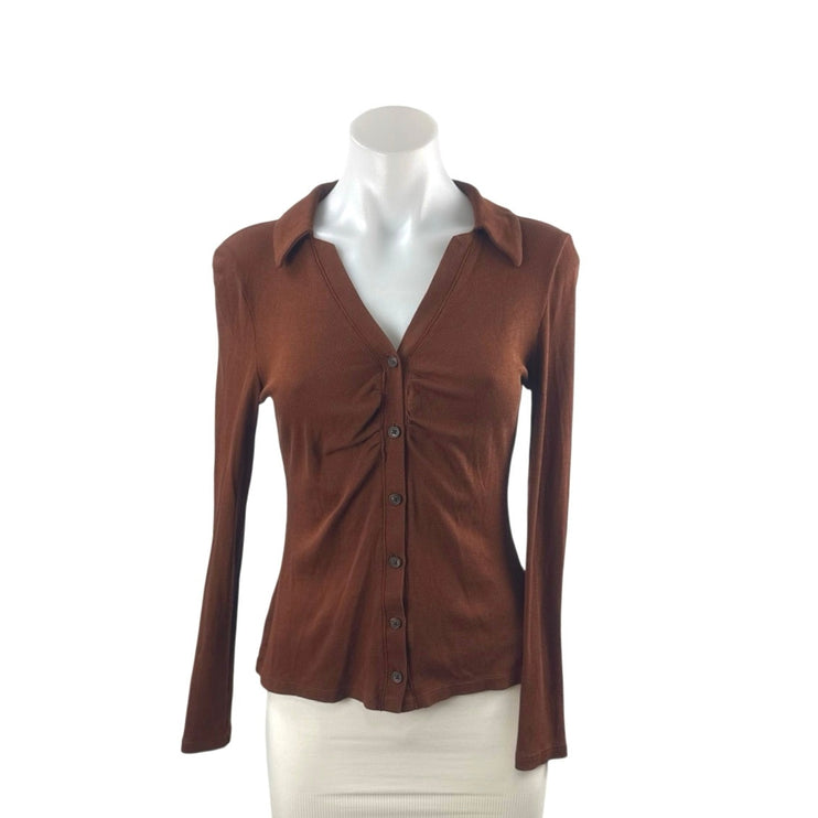 Madewell Women's Brown Collared Long Sleeve Button Down Tee T-Shirt Blouse Top S