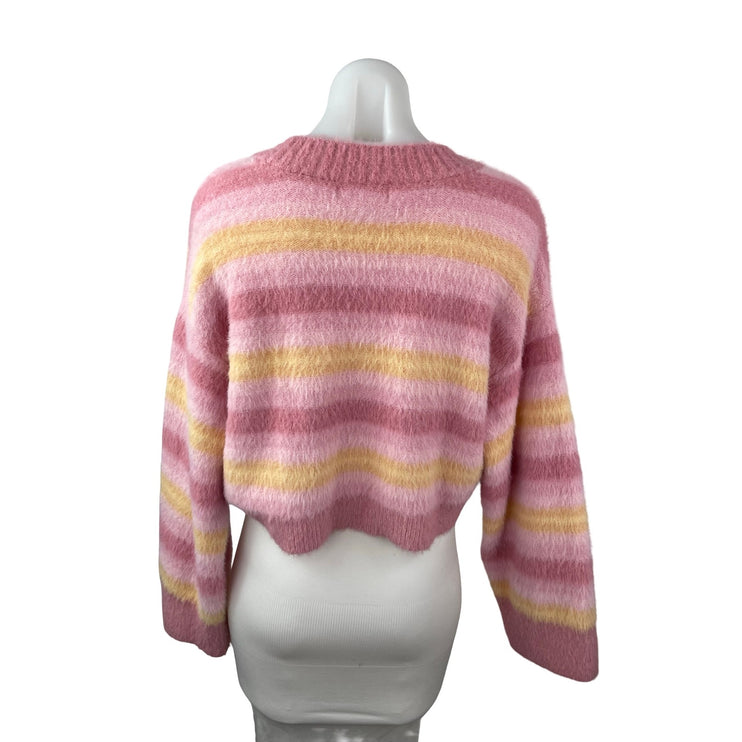 L Space Pink Yellow Striped Long Sleeve Cropped Button Up Cardigan Sweater XS