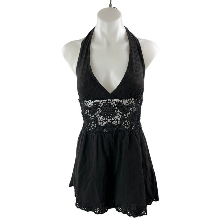 Free People Women's Black Halter Backless Lace Floral Romper Shorts Size XS