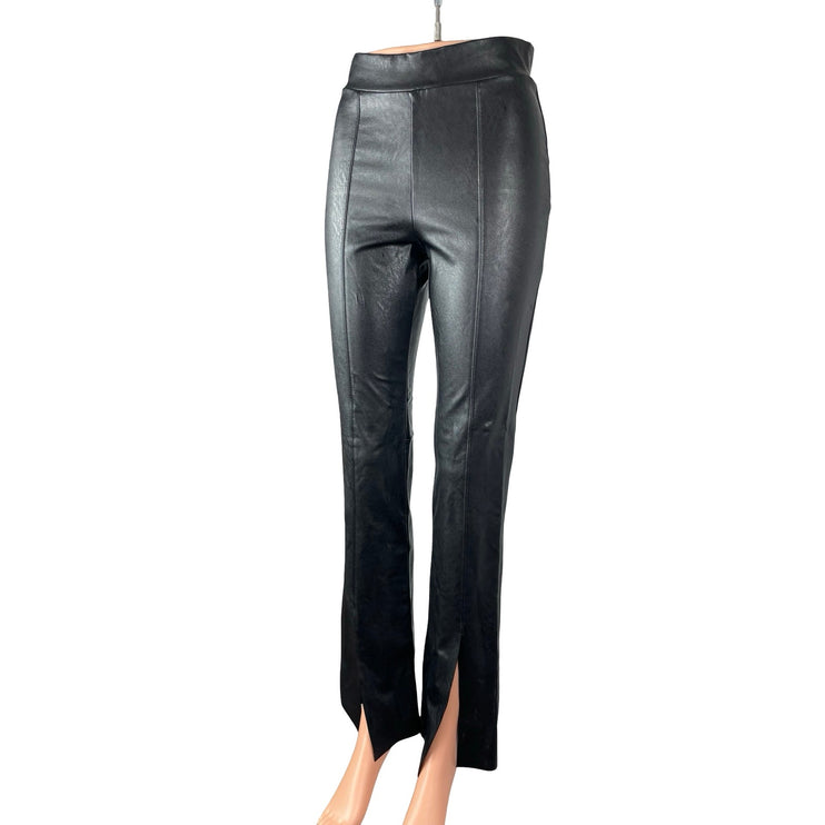 Commando Women's Black Faux Leather Vegan Pintuck Slit Flare Trousers Pants XS
