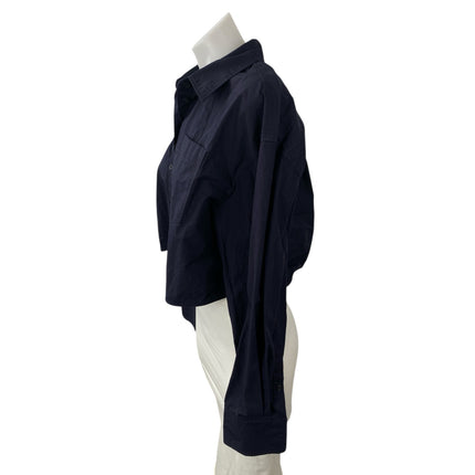 COS Women's Navy Blue Collared Long Sleeve Crop Button Down Shirt Blouse Top 8