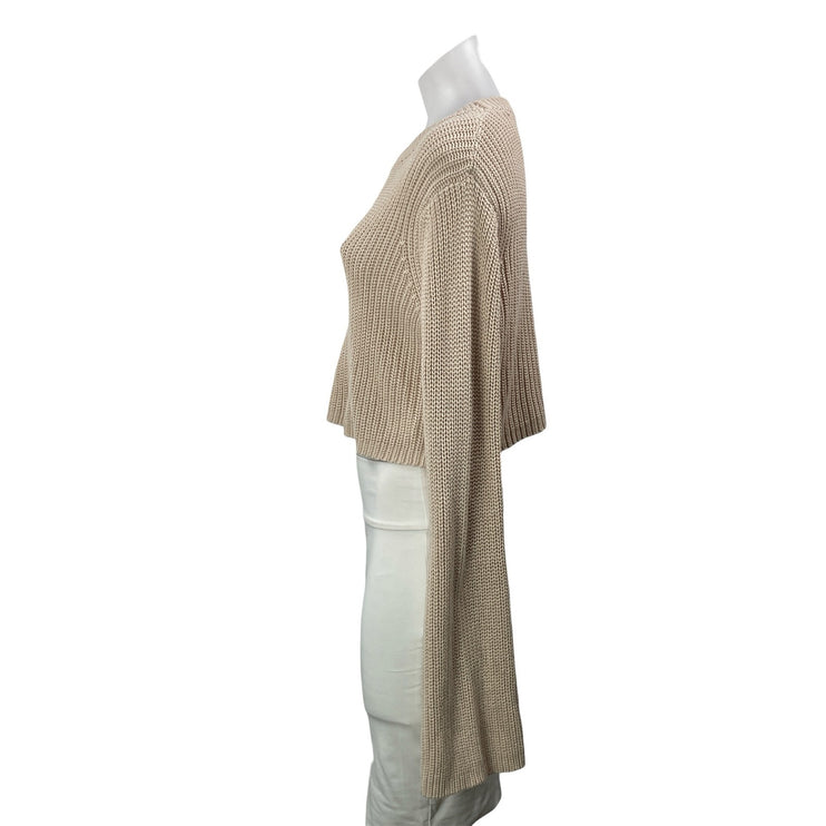 Hazel Boutique Beige Ribbed Knit Crew Neck Bell Long Sleeve Cropped Sweater S