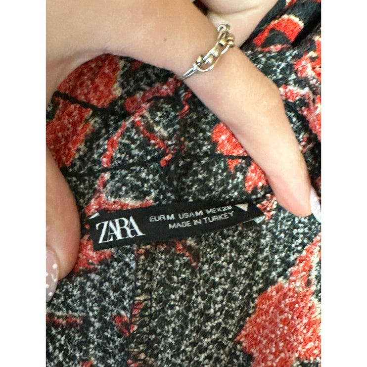 Zara Black Red Floral Short Sleeve Ruffle Turtleneck Mini Shift Dress Size M12