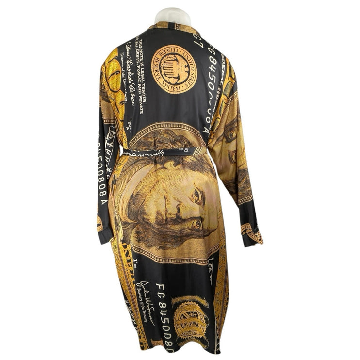 Fashion Nova Women's Black Brown Printed Satin Long Sleeve Midi Shirt Dress 1X