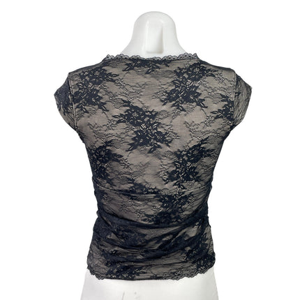 Abercrombie & Fitch Womens Black Floral Lace Cap Sleeve Sheer Crop Blouse Top S