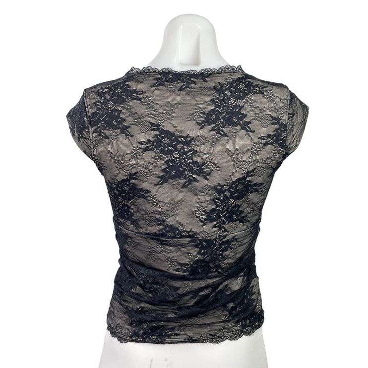 Abercrombie & Fitch Womens Black Floral Lace Cap Sleeve Sheer Crop Blouse Top S