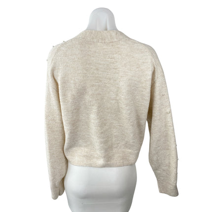 H&M Women's Cream Wool Pearl Beaded V Neck Long Sleeve Cardigan Sweater Top Sz S