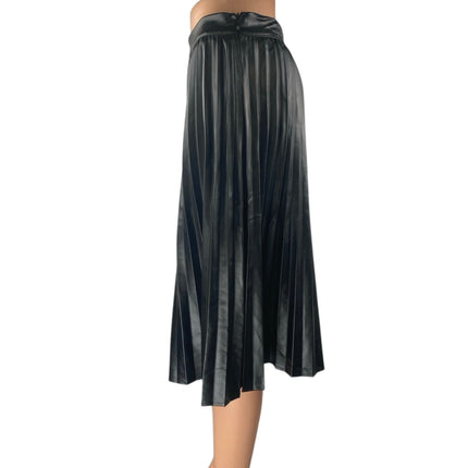 Monteau LA Black Faux Leather Vegan Pleated High Waist A Line Midi Skirt Size M