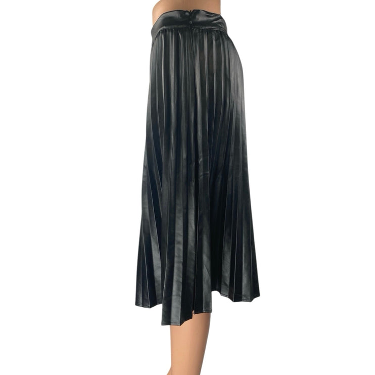 Monteau LA Black Faux Leather Vegan Pleated High Waist A Line Midi Skirt Size M