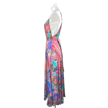 Advance Multicolor SIlk Floral Paisley Deep V Neck Sleeveless A Line Maxi Dress