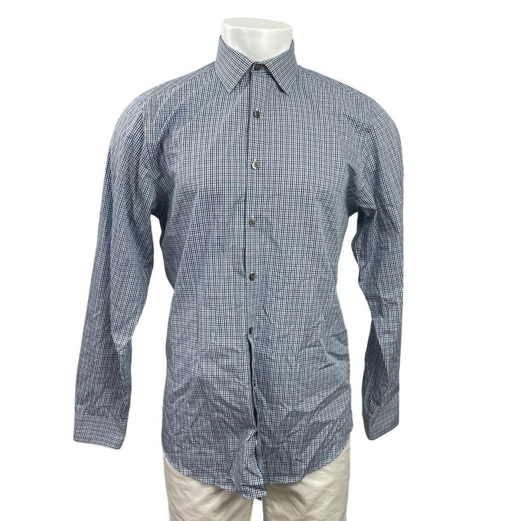 Kenneth Cole Mens Blue Plaid Checkered Long Sleeve Collared Button Down Shirt 34