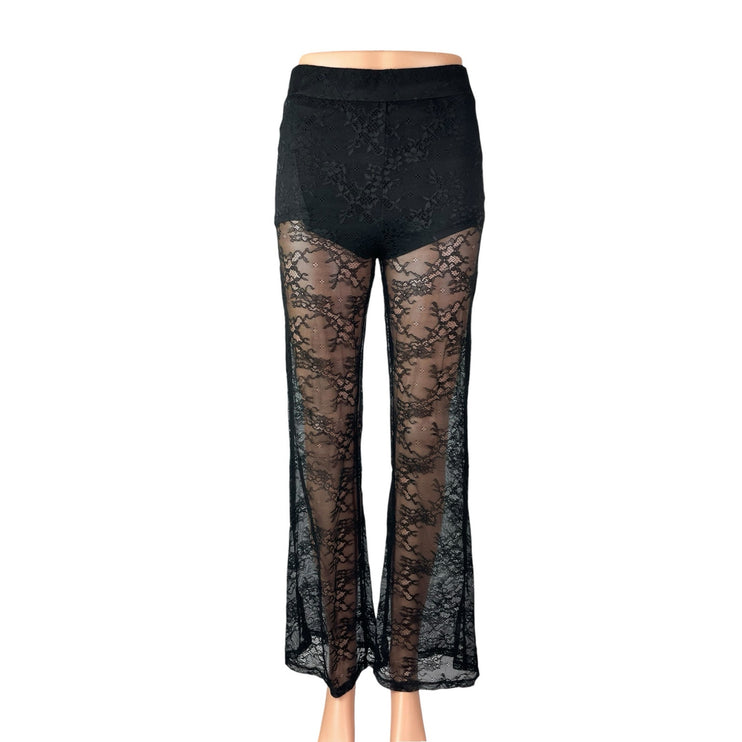 12Th Tribe Women's Black Mesh Sheer Floral Lace Flared Trousers Pants Size XS