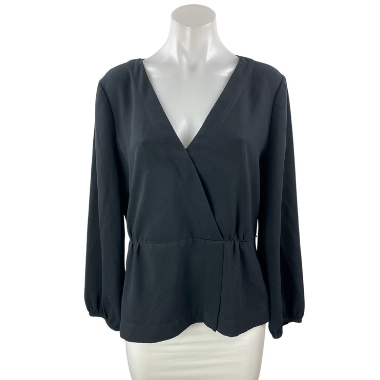 J.Crew Women's Black Long Sleeve V Neck Faux Wrap Peplum Blouse Top Size 14