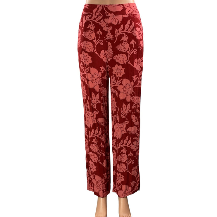 MNG Mango Women's Red Floral High Waisted Straight Leg Trousers Pants Size S