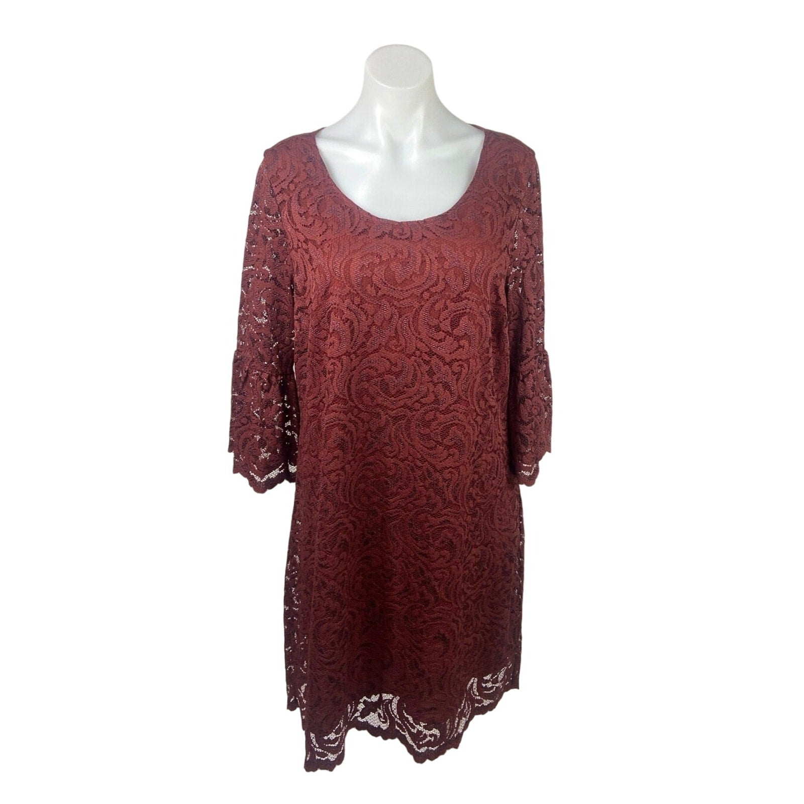 Garnet Hill Red Burgandy Lace 3/4 Bell Sleeve Midi Lined Cocktail Shift Dress 12 Garnet Hill Red Burgandy Lace 3/4 Bell Sleeve Midi Lined Cocktail Shift Dress 12