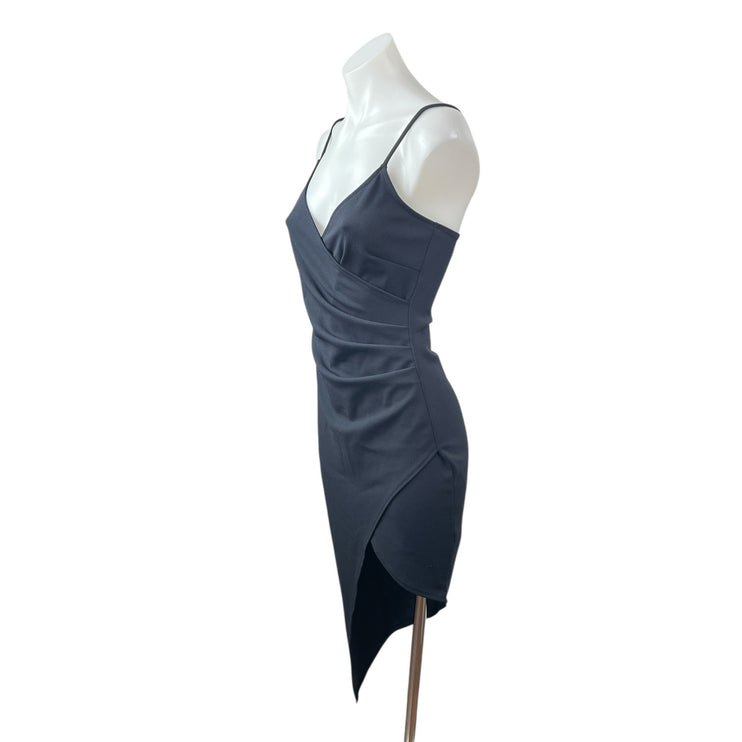 Necessary Clothing Black Sleeveless Ruched V Neck Cami Asymmetric Sheath Dress M
