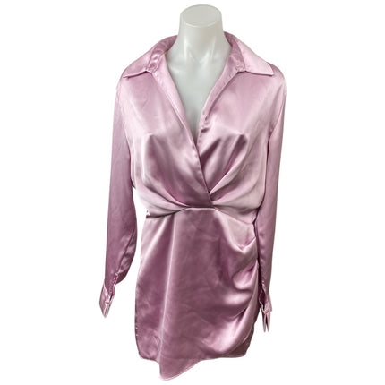 ZARA Pink Satin Ruched Draped Collared Long Sleeve Mini Wrap Shirt Dress Size M