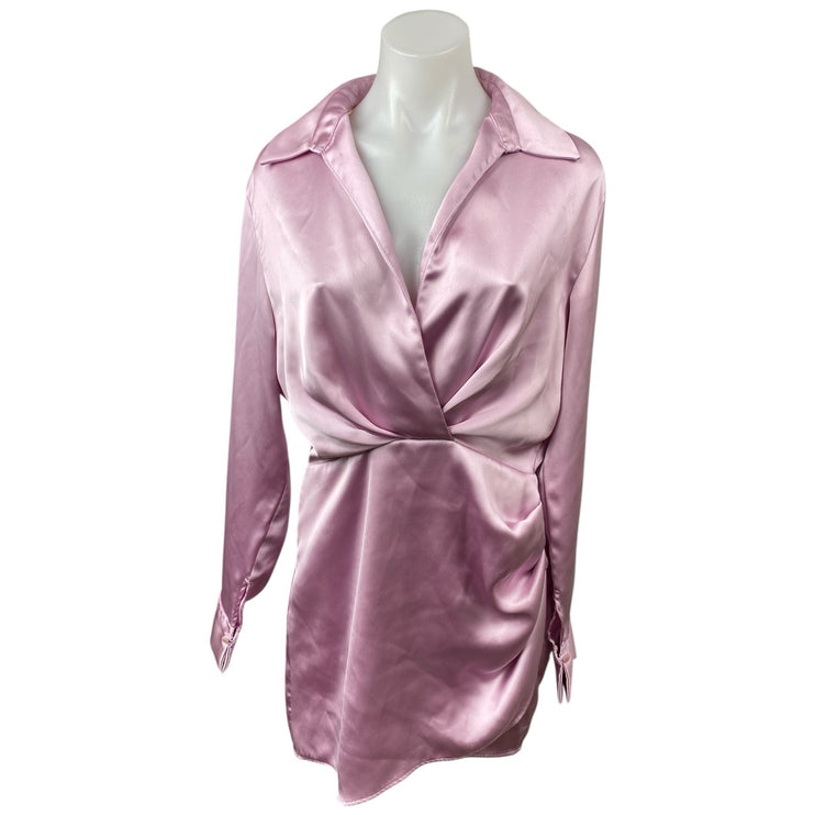 ZARA Pink Satin Ruched Draped Collared Long Sleeve Mini Wrap Shirt Dress Size M