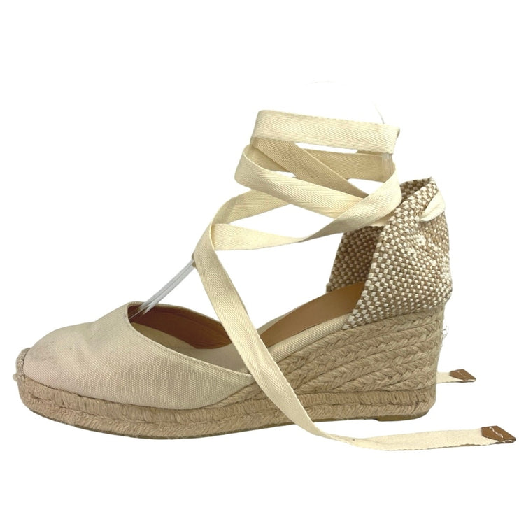 Castaner Carol Beige Canvas Closed Toe Espadrille Lace Up Wedge Sandals Size 38