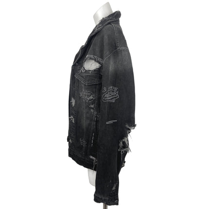 Zara Black Denim Graffiti Button Front Long Sleeve Ripped Distressed Jacket Sz M