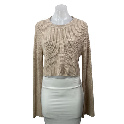 Hazel Boutique Beige Ribbed Knit Crew Neck Bell Long Sleeve Cropped Sweater S