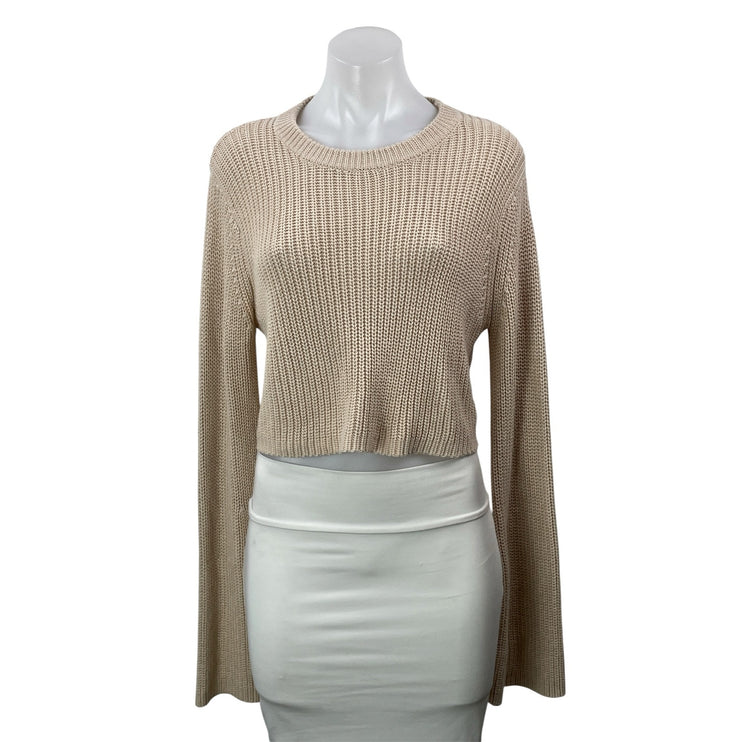 Hazel Boutique Beige Ribbed Knit Crew Neck Bell Long Sleeve Cropped Sweater S