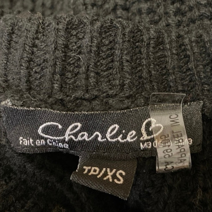 Charlie B LOVE Women's Black Rib Knit Embroidered Long Sleeve Sweater Top Sz XS