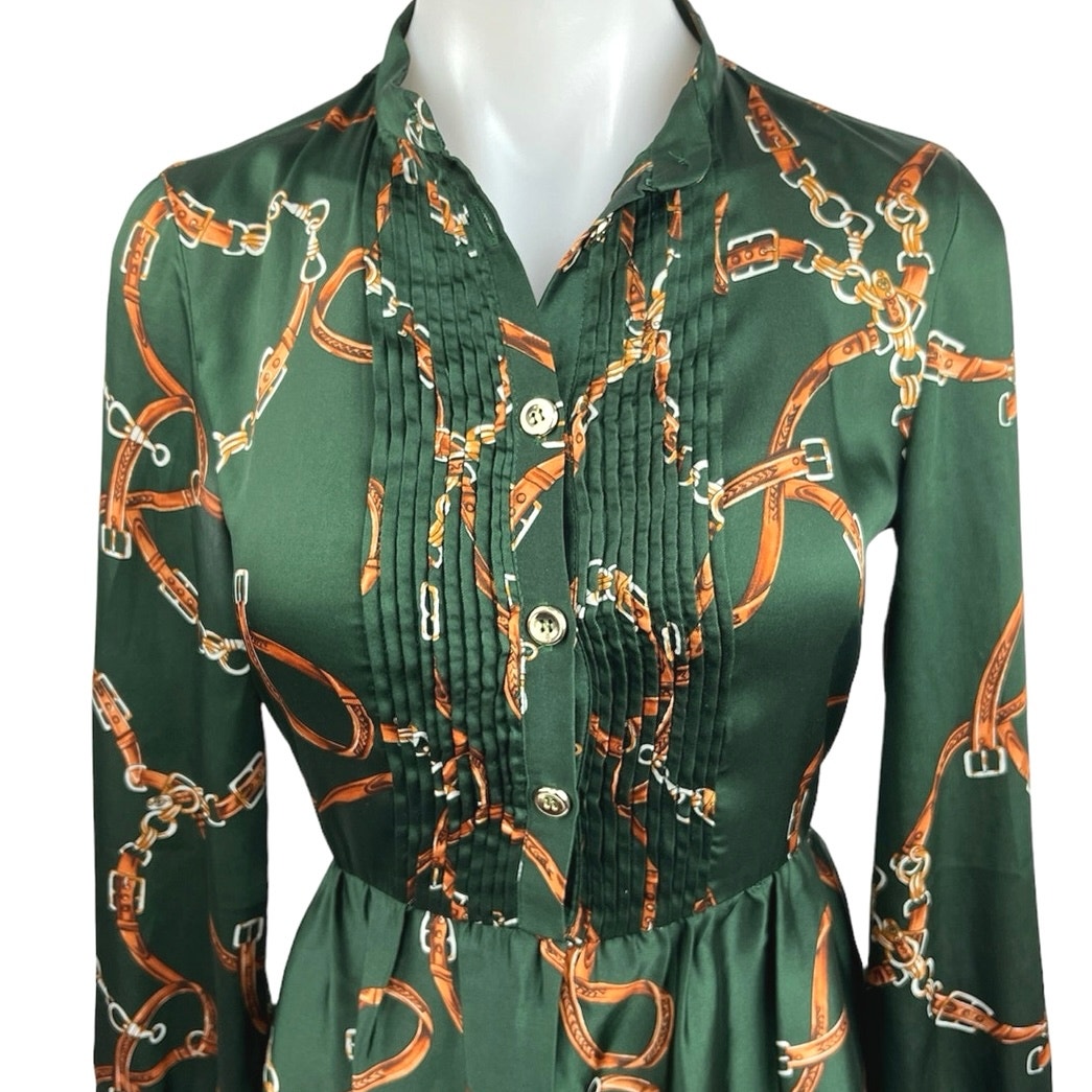 Zara Green Chain Print Pleated Front Long Sleeve Button Mini A-Line Dr Brie Zara Green Chain Print Pleated Front Long Sleeve Button Mini A-Line Dr Brie