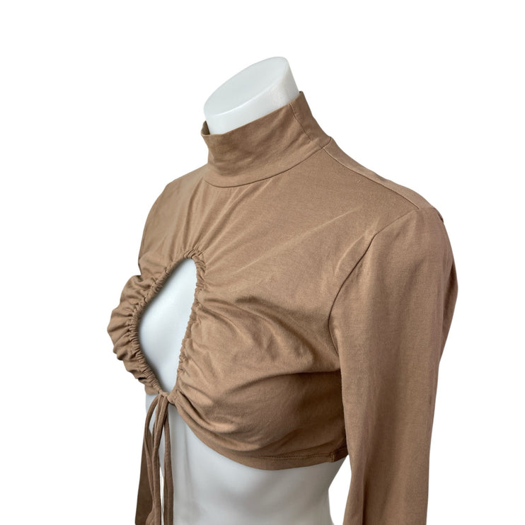 Isalis Womens Brown Tan Cutout Ruched Tie Keyhole Knot Mock Neck Crop Top Size M