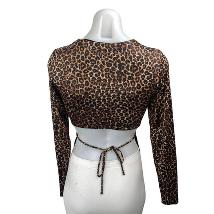 Princess Polly Brown Leopard Animal Print Long Sleeve Tie Back Crop Shirt Top 6