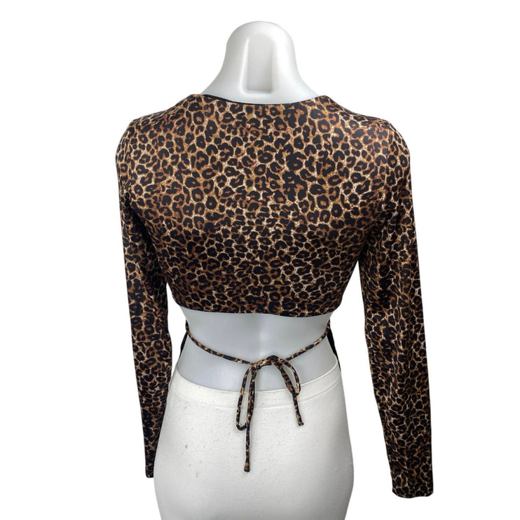 Princess Polly Brown Leopard Animal Print Long Sleeve Tie Back Crop Shirt Top 6