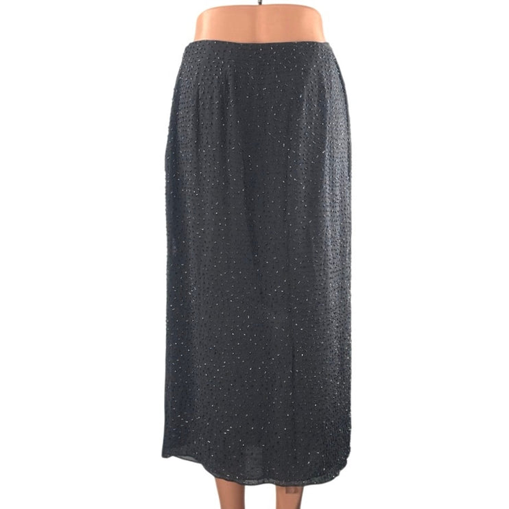 Dana Buchman Black Beaded Embellished High Waist Slit Straight Midi Skirt Size 6
