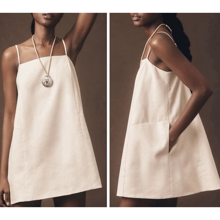 NEW Anthropologie Mare Mare Beige Linen Sleeveless Cami A Line Mini Dress Sz XL