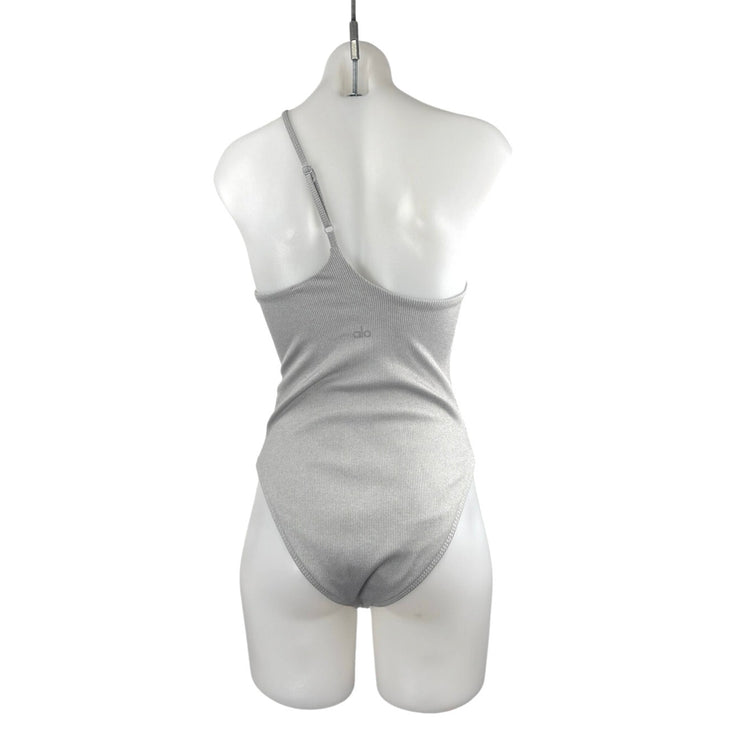 Alo Yoga Alosoft Ribbed Shimmer Pliet Bodysuit Asymmetrical Swimsuit Swimwear S