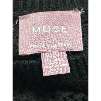 Muse Women's Black Crochet Knit Crewneck Short Puff Sleeve Crop Sweater Top S/P
